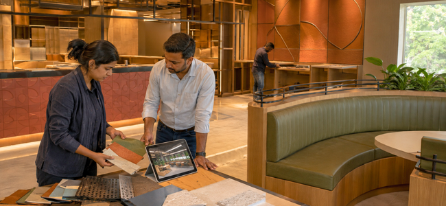 Designers reviewing finish samples and material swatches against a digital floor plan on site